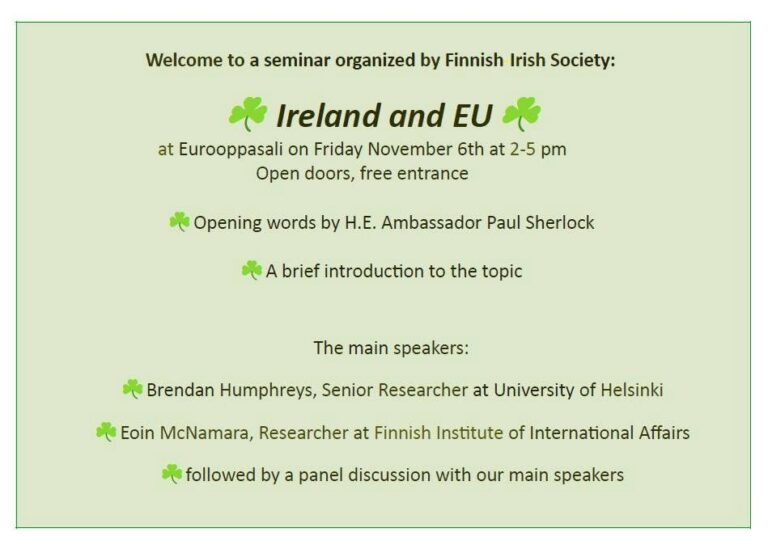 Seminar Ireland and EU November 6th at 2-5 pm